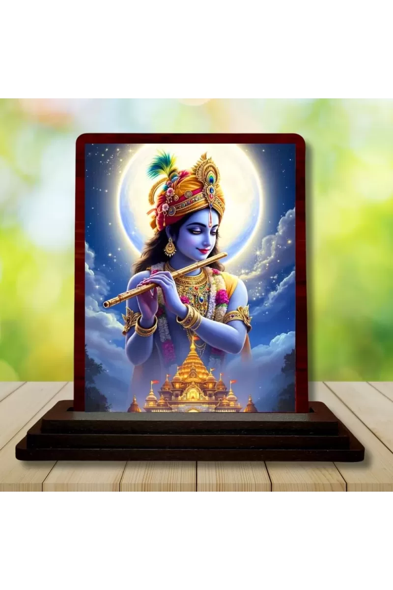 Car Desk/Table Top Lord Krishna Wooden Photo Stand  3x4 Inches, Compact & Stylish Spiritual Display For Car, Home & Office (Pack Of 1) (F14349)