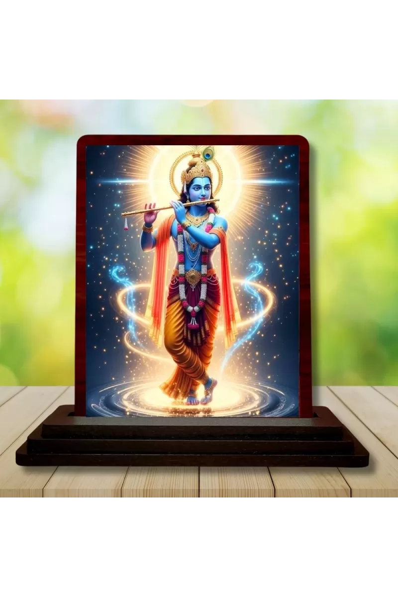 Car Desk/Table Top Lord Krishna Wooden Photo Stand  3x4 Inches, Compact & Stylish Spiritual Display For Car, Home & Office (Pack Of 1) (F14350)