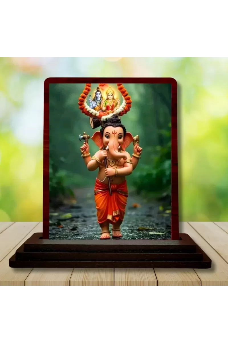 Car Desk/Table Top Lord Ganesha Wooden Photo Stand  3x4 Inches, Compact & Stylish Spiritual Display For Car, Home & Office (Pack Of 1) (F14351)
