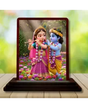 Car Desk/Table Top Radha Krishna Wooden Photo Stand  3x4 Inches, Compact & Stylish Spiritual Display For Car, Home & Office (Pack Of 1) (F14355)