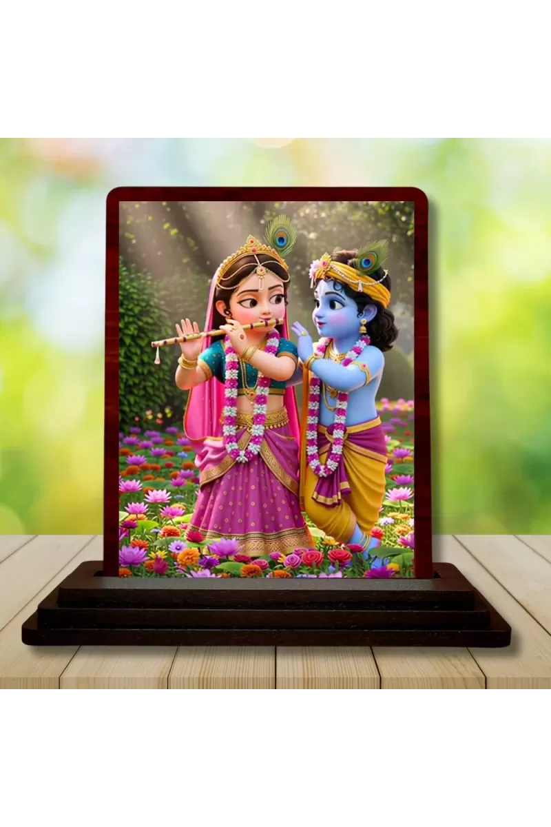 Car Desk/Table Top Radha Krishna Wooden Photo Stand  3x4 Inches, Compact & Stylish Spiritual Display For Car, Home & Office (Pack Of 1) (F14355)