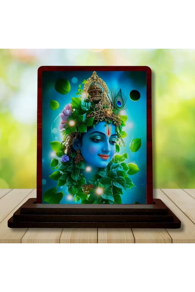 Car Desk/Table Top Lord Krishna Wooden Photo Stand  3x4 Inches, Compact & Stylish Spiritual Display For Car, Home & Office (Pack Of 1) (F14357)