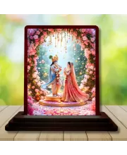Car Desk/Table Top Radha Krishna Wooden Photo Stand  3x4 Inches, Compact & Stylish Spiritual Display For Car, Home & Office (Pack Of 1) (F14358)