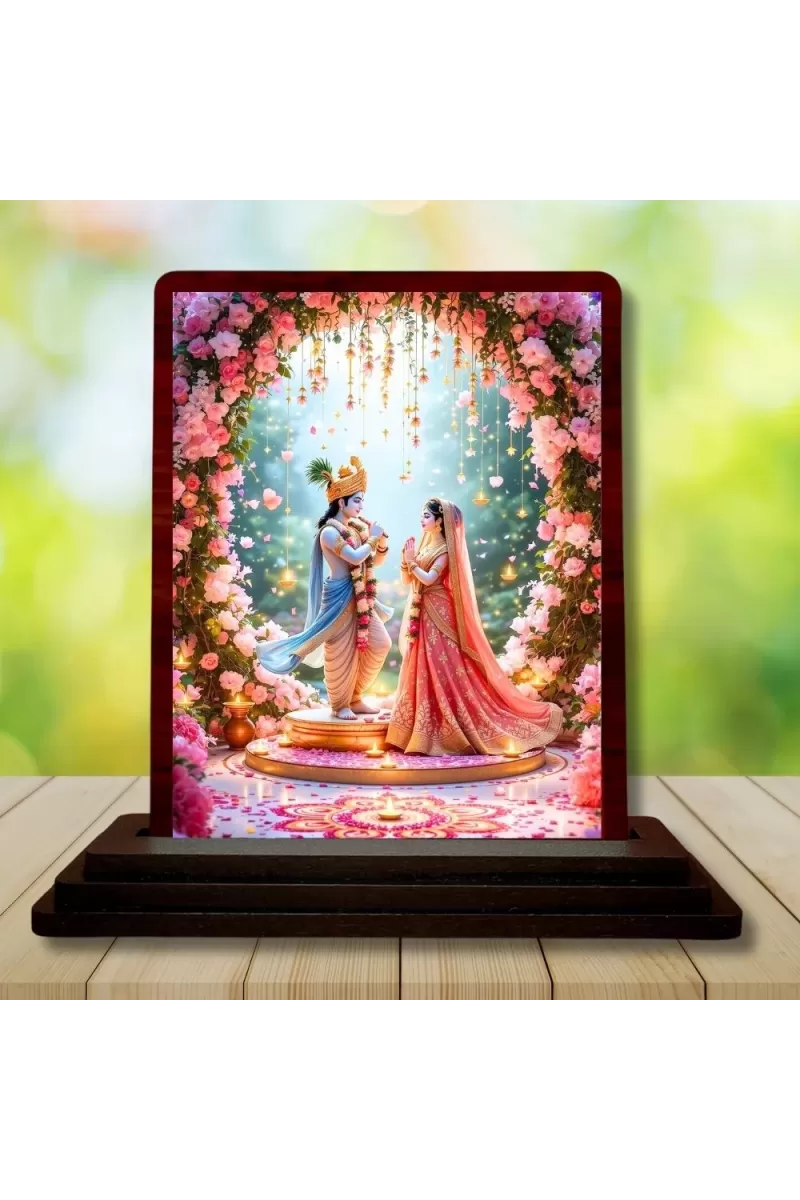 Car Desk/Table Top Radha Krishna Wooden Photo Stand  3x4 Inches, Compact & Stylish Spiritual Display For Car, Home & Office (Pack Of 1) (F14358)