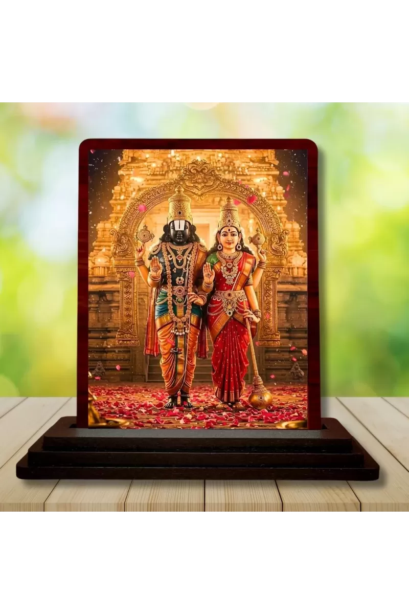 Car Desk/Table Top Lord Venkateswara With Goddess Lakshmi. Wooden Photo Stand  3x4 Inches, Compact & Stylish Spiritual Display For Car, Home & Office (Pack Of 1) (F14359)