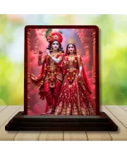 Car Desk/Table Top Radha Krishna Wooden Photo Stand  3x4 Inches, Compact & Stylish Spiritual Display For Car, Home & Office (Pack Of 1) (F14360)