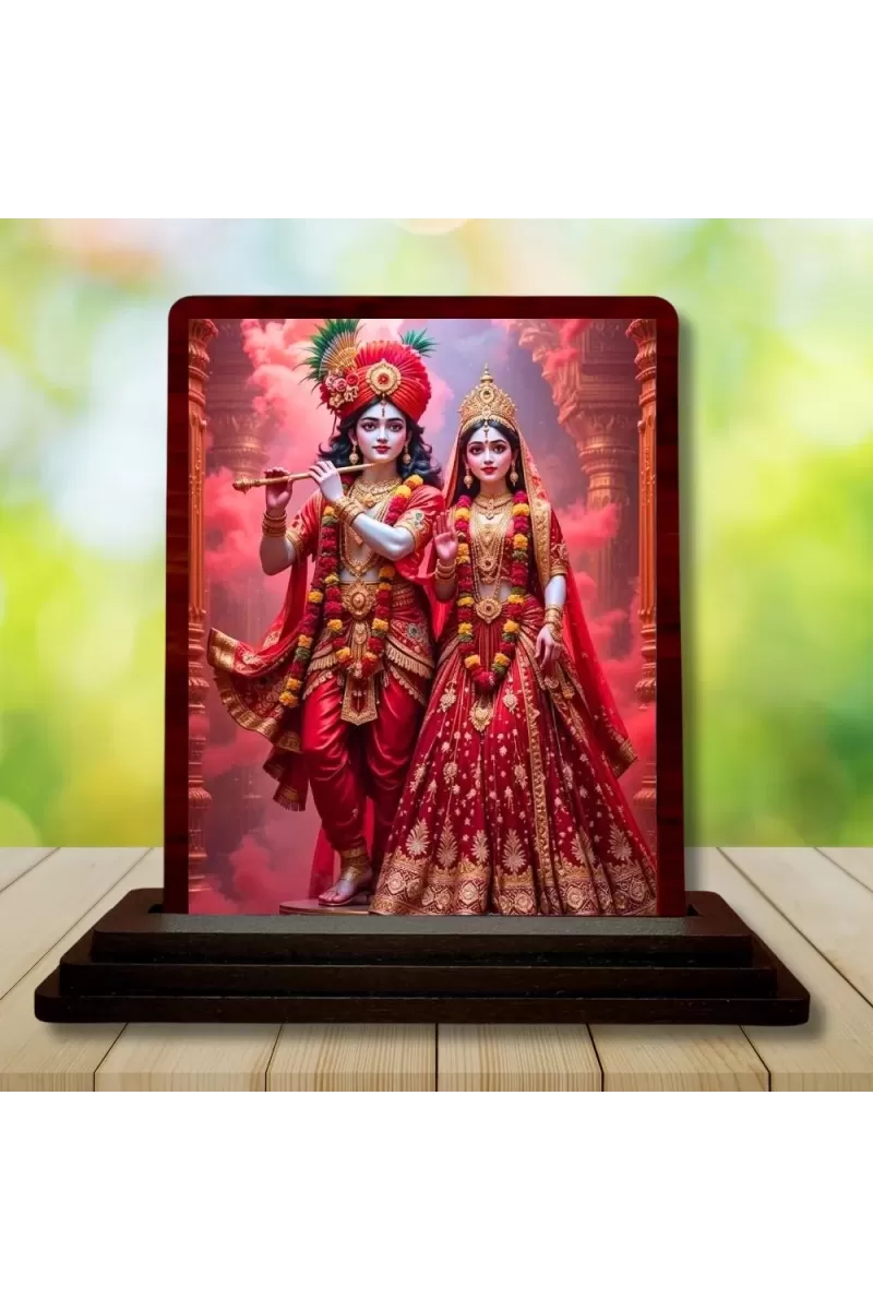 Car Desk/Table Top Radha Krishna Wooden Photo Stand  3x4 Inches, Compact & Stylish Spiritual Display For Car, Home & Office (Pack Of 1) (F14360)