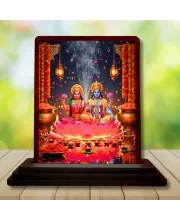 Car Desk/Table Top Radha Krishna Wooden Photo Stand  3x4 Inches, Compact & Stylish Spiritual Display For Car, Home & Office (Pack Of 1) (F14361)