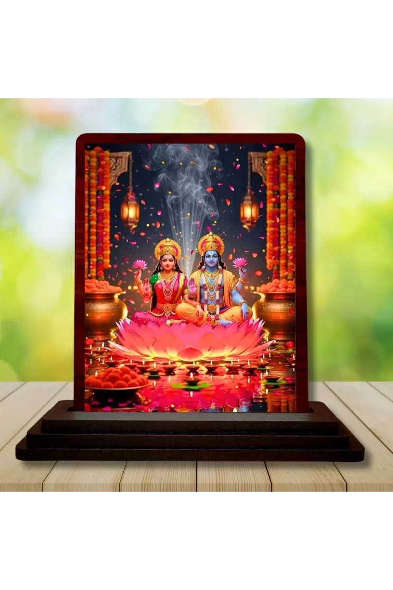 Car Desk/Table Top Radha Krishna Wooden Photo Stand  3x4 Inches, Compact & Stylish Spiritual Display For Car, Home & Office (Pack Of 1) (F14361)