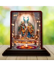 Car Desk/Table Top Radha Krishna Wooden Photo Stand  3x4 Inches, Compact & Stylish Spiritual Display For Car, Home & Office (Pack Of 1) (F14362)