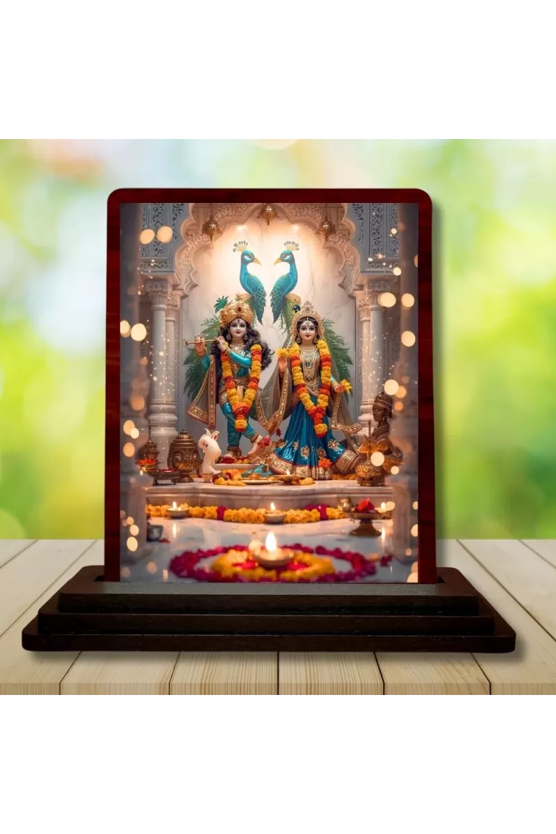 Car Desk/Table Top Radha Krishna Wooden Photo Stand  3x4 Inches, Compact & Stylish Spiritual Display For Car, Home & Office (Pack Of 1) (F14362)