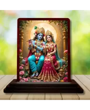 Car Desk/Table Top Radha Krishna Wooden Photo Stand  3x4 Inches, Compact & Stylish Spiritual Display For Car, Home & Office (Pack Of 1) (F14363)