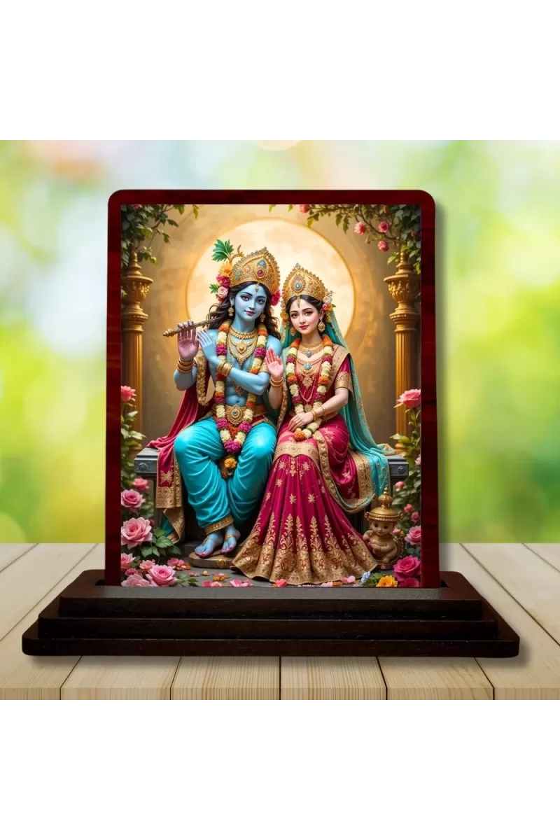 Car Desk/Table Top Radha Krishna Wooden Photo Stand  3x4 Inches, Compact & Stylish Spiritual Display For Car, Home & Office (Pack Of 1) (F14363)