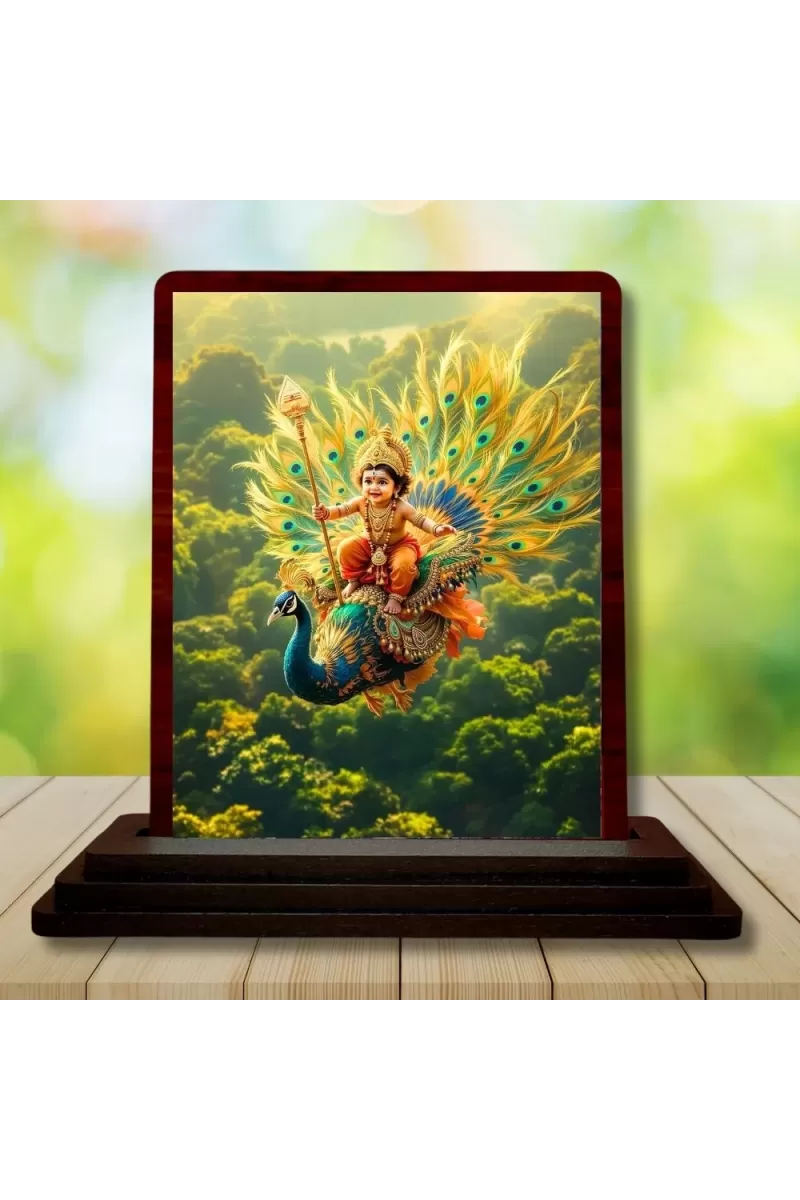 Car Desk/Table Top Lord Murugan Wooden Photo Stand  3x4 Inches, Compact & Stylish Spiritual Display For Car, Home & Office (Pack Of 1) (F14364)