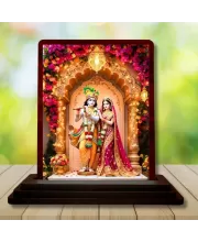 Car Desk/Table Top Radha Krishna Wooden Photo Stand  3x4 Inches, Compact & Stylish Spiritual Display For Car, Home & Office (Pack Of 1) (F14365)