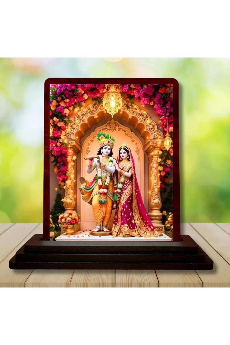 Car Desk/Table Top Radha Krishna Wooden Photo Stand  3x4 Inches, Compact & Stylish Spiritual Display For Car, Home & Office (Pack Of 1) (F14365)