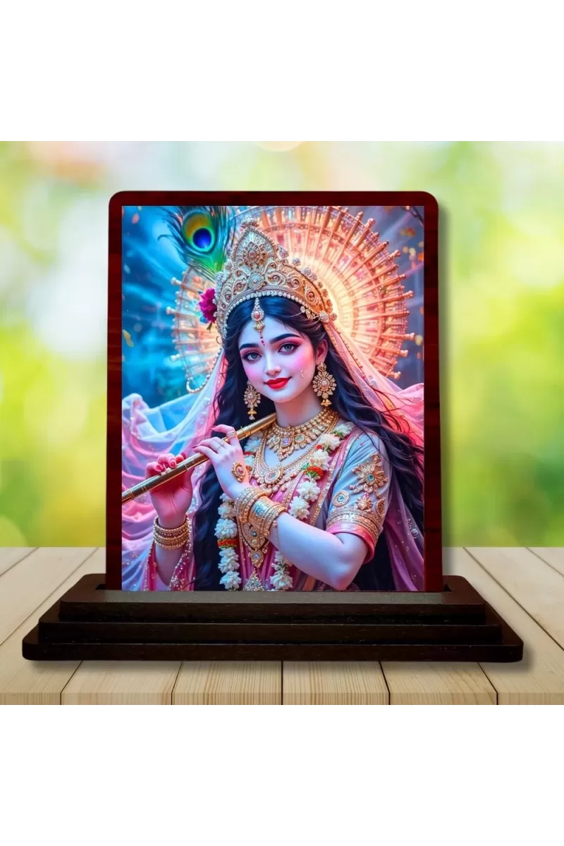 Car Desk/Table Top Cute Radha Wooden Photo Stand  3x4 Inches, Compact & Stylish Spiritual Display For Car, Home & Office (Pack Of 1) (F14366)