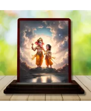 Car Desk/Table Top Lord Ganesha And Karthikeya Wooden Photo Stand  3x4 Inches, Compact & Stylish Spiritual Display For Car, Home & Office (Pack Of 1) (F14367)