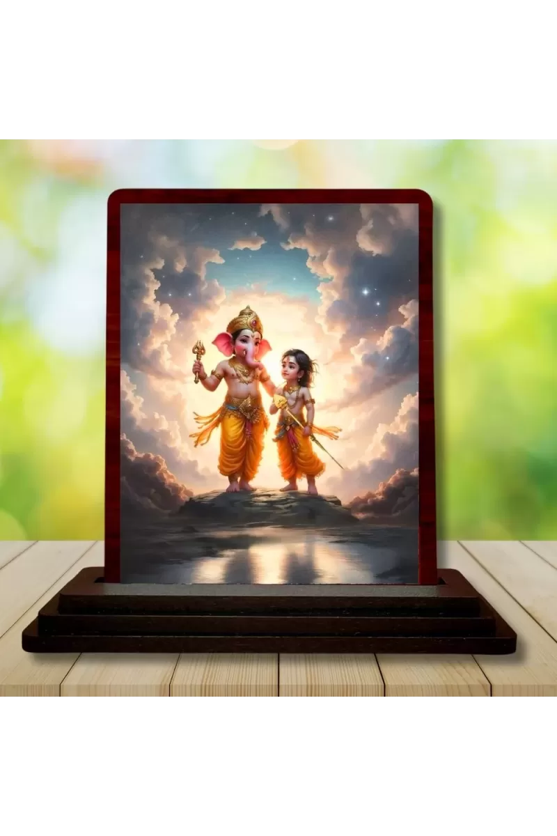 Car Desk/Table Top Lord Ganesha And Karthikeya Wooden Photo Stand  3x4 Inches, Compact & Stylish Spiritual Display For Car, Home & Office (Pack Of 1) (F14367)