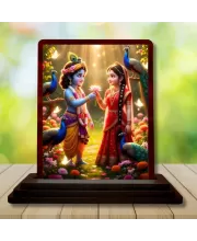 Car Desk/Table Top Radha Krishna Wooden Photo Stand  3x4 Inches, Compact & Stylish Spiritual Display For Car, Home & Office (Pack Of 1) (F14369)