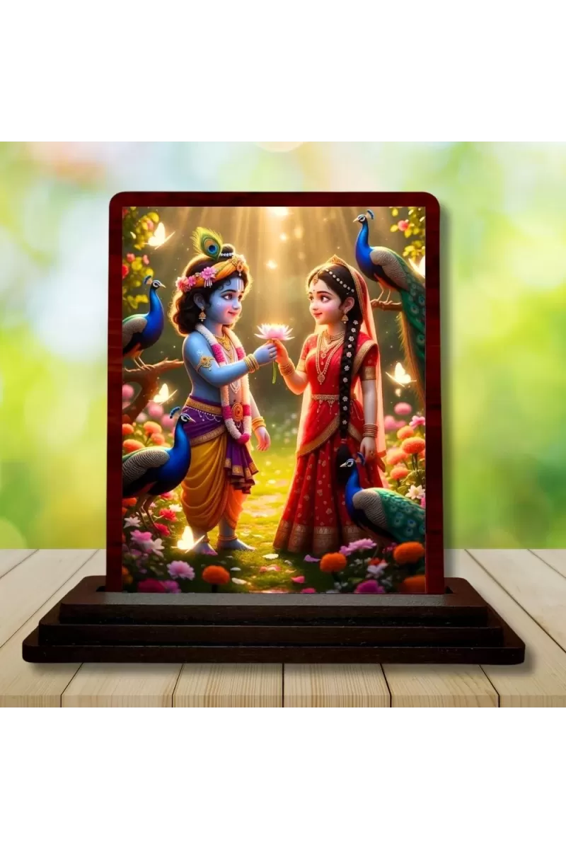 Car Desk/Table Top Radha Krishna Wooden Photo Stand  3x4 Inches, Compact & Stylish Spiritual Display For Car, Home & Office (Pack Of 1) (F14369)