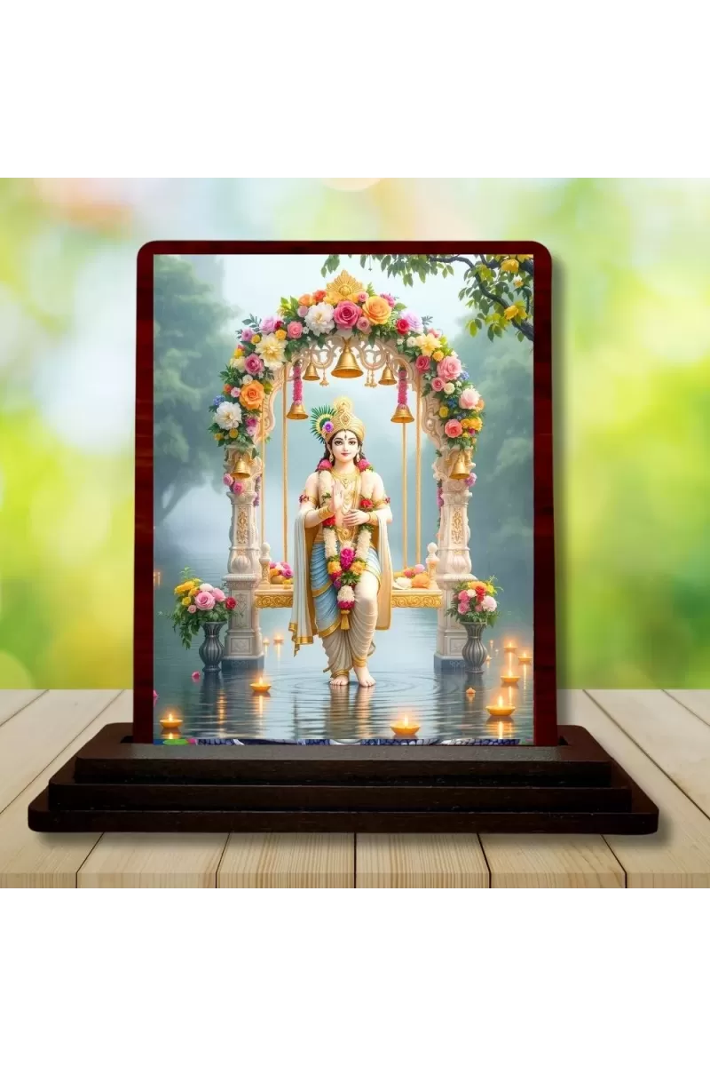 Car Desk/Table Top Lord Krishna Wooden Photo Stand  3x4 Inches, Compact & Stylish Spiritual Display For Car, Home & Office (Pack Of 1) (F14370)