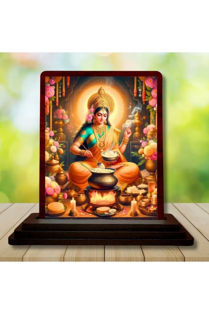 Car Desk/Table Top Annapurna Devi Wooden Photo Stand  3x4 Inches, Compact & Stylish Spiritual Display For Car, Home & Office (Pack Of 1) (F14372)