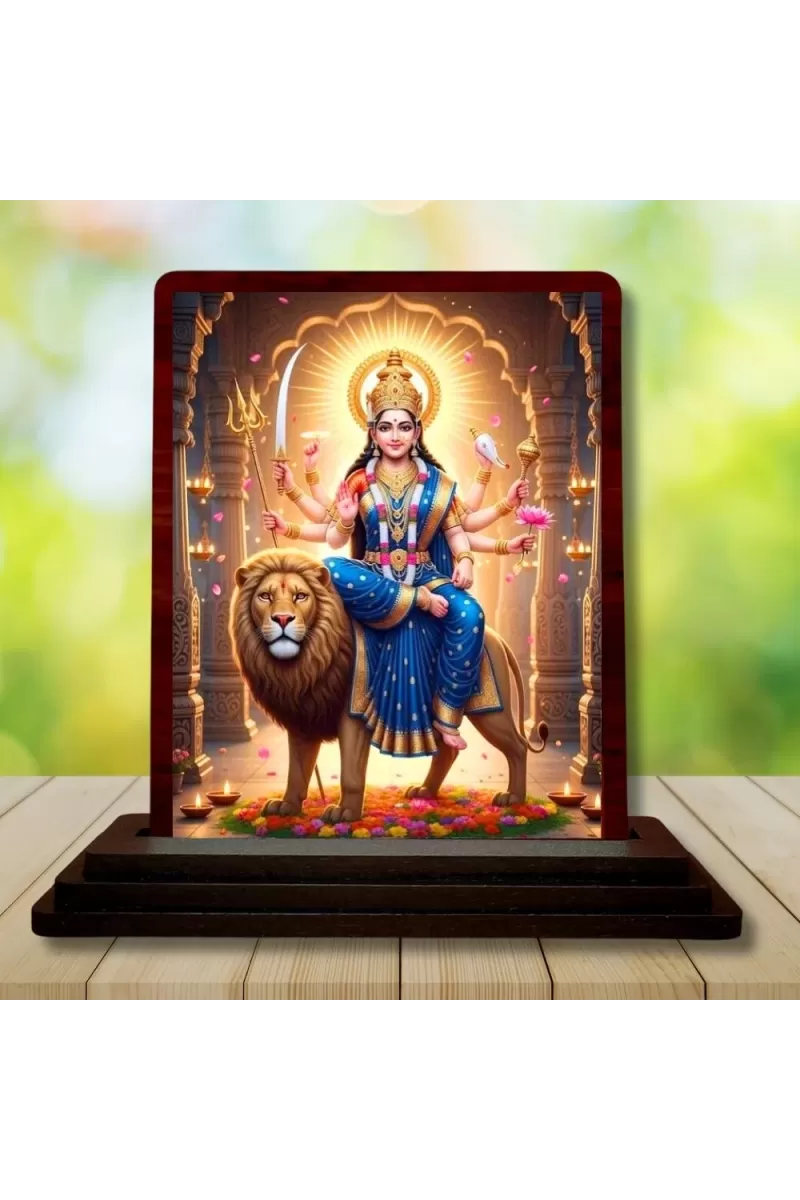 Car Desk/Table Top Goddess Durga Wooden Photo Stand  3x4 Inches, Compact & Stylish Spiritual Display For Car, Home & Office (Pack Of 1) (F14373)