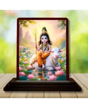 Car Desk/Table Top Lord Shiva Wooden Photo Stand  3x4 Inches, Compact & Stylish Spiritual Display For Car, Home & Office (Pack Of 1) (F14376)