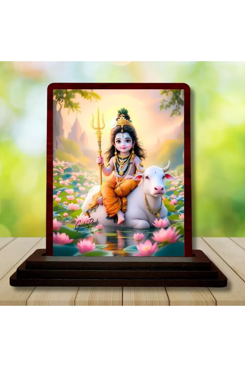 Car Desk/Table Top Lord Shiva Wooden Photo Stand  3x4 Inches, Compact & Stylish Spiritual Display For Car, Home & Office (Pack Of 1) (F14376)