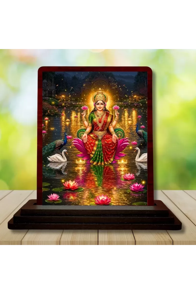 Car Desk/Table Top Goddess Lakshmi Wooden Photo Stand  3x4 Inches, Compact & Stylish Spiritual Display For Car, Home & Office (Pack Of 1) (F14377)