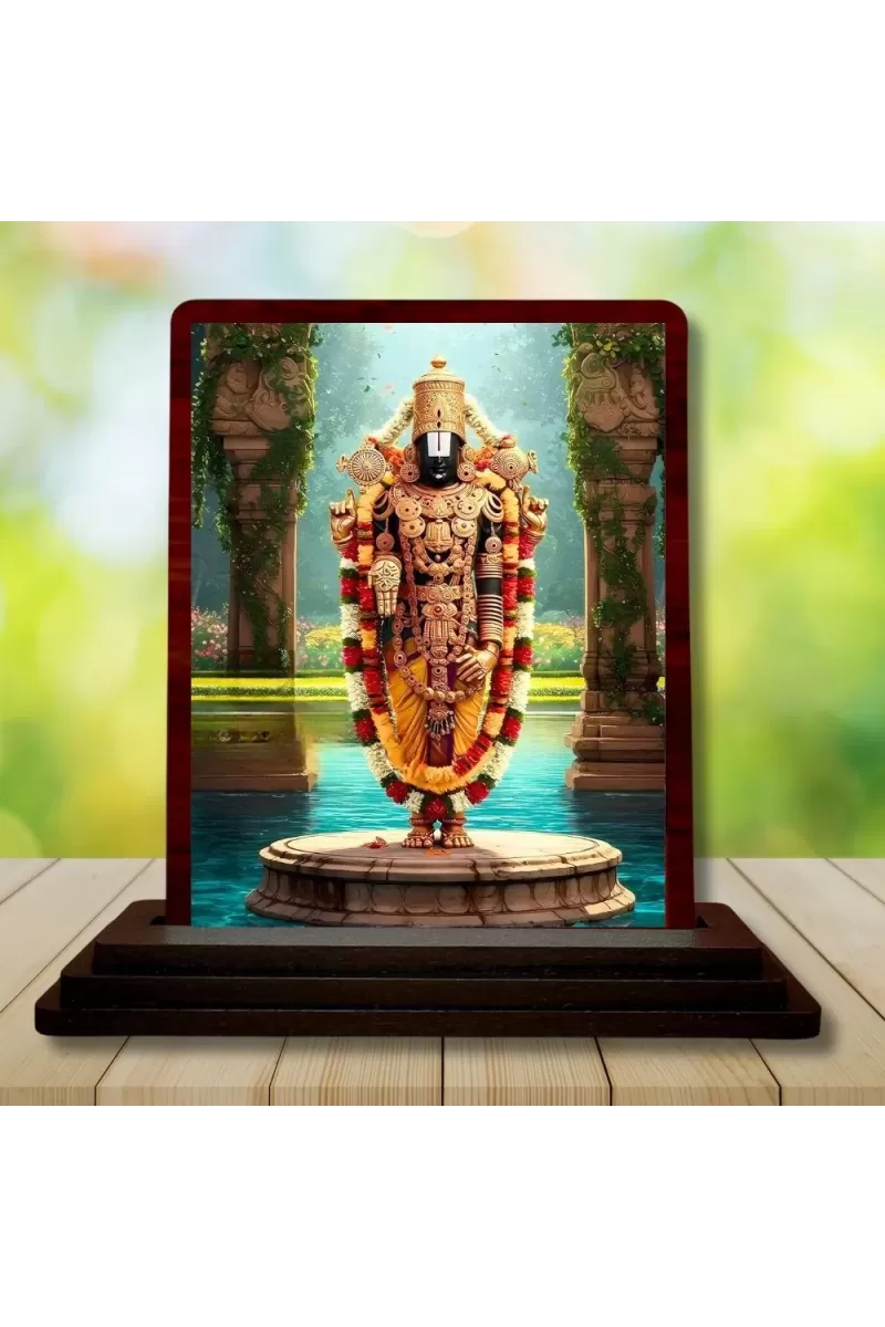 Car Desk/Table Top Lord Balaji Wooden Photo Stand  3x4 Inches, Compact & Stylish Spiritual Display For Car, Home & Office (Pack Of 1) (F14379)