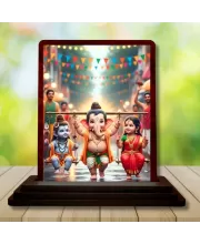 Car Desk/Table Top Lord Ganesha And Shiva Parvathi Wooden Photo Stand  3x4 Inches, Compact & Stylish Spiritual Display For Car, Home & Office (Pack Of 1) (F14380)