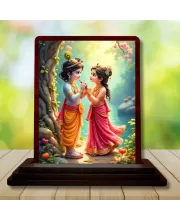 Car Desk/Table Top Radha Krishna Wooden Photo Stand  3x4 Inches, Compact & Stylish Spiritual Display For Car, Home & Office (Pack Of 1) (F14381)