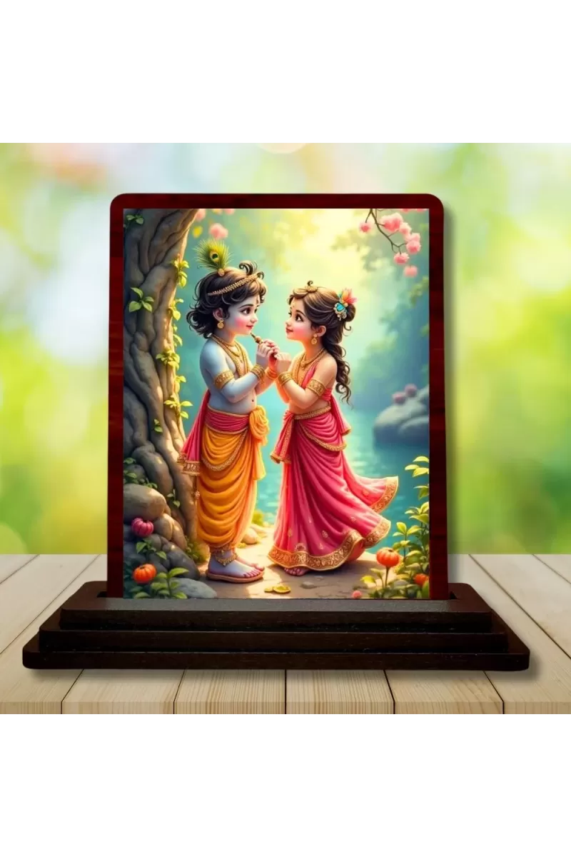 Car Desk/Table Top Radha Krishna Wooden Photo Stand  3x4 Inches, Compact & Stylish Spiritual Display For Car, Home & Office (Pack Of 1) (F14381)