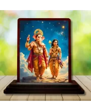 Car Desk/Table Top Lord Ganesha And Karthikeya Wooden Photo Stand  3x4 Inches, Compact & Stylish Spiritual Display For Car, Home & Office (Pack Of 1) (F14382)