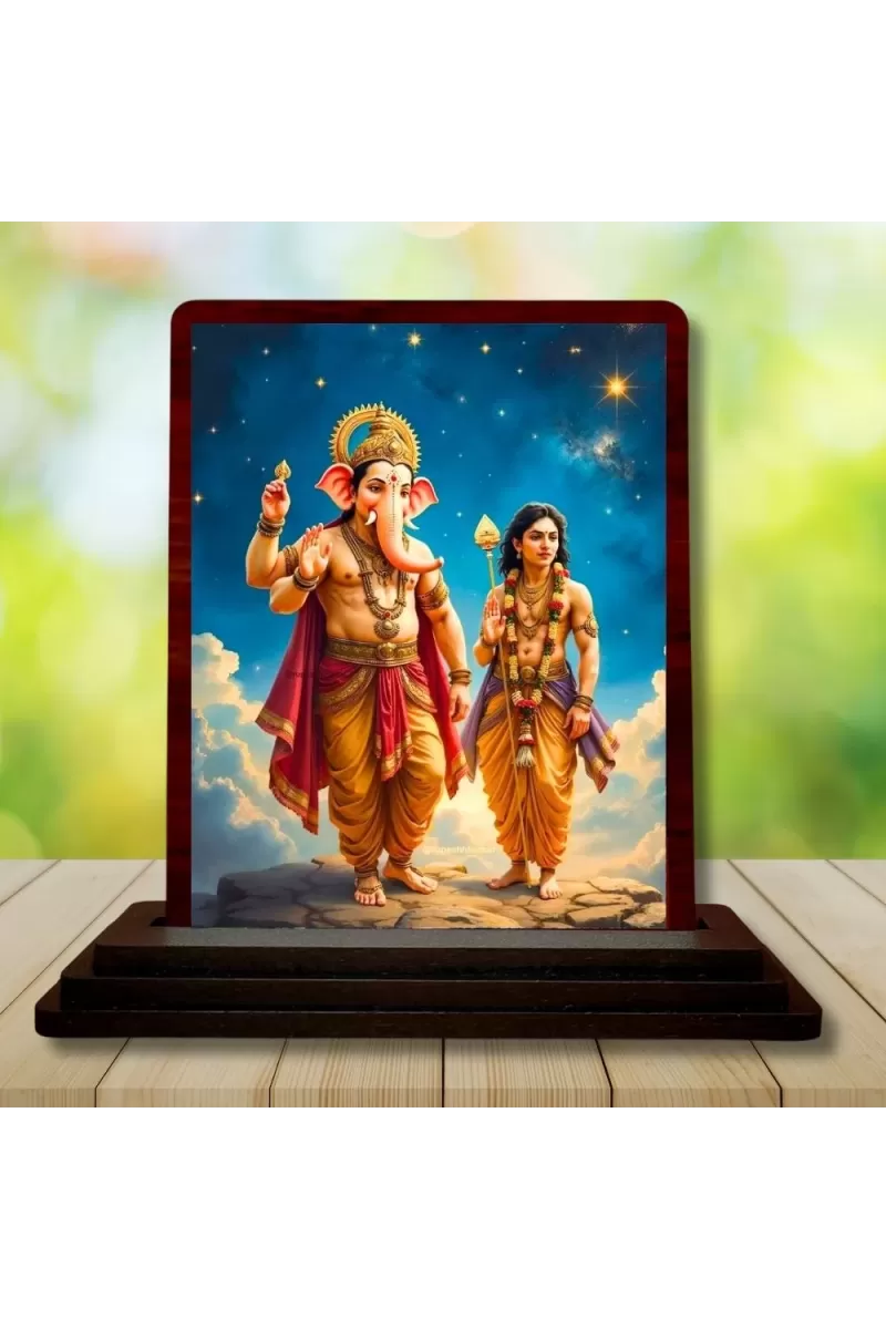 Car Desk/Table Top Lord Ganesha And Karthikeya Wooden Photo Stand  3x4 Inches, Compact & Stylish Spiritual Display For Car, Home & Office (Pack Of 1) (F14382)
