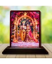 Car Desk/Table Top Radha Krishna Wooden Photo Stand  3x4 Inches, Compact & Stylish Spiritual Display For Car, Home & Office (Pack Of 1) (F14383)