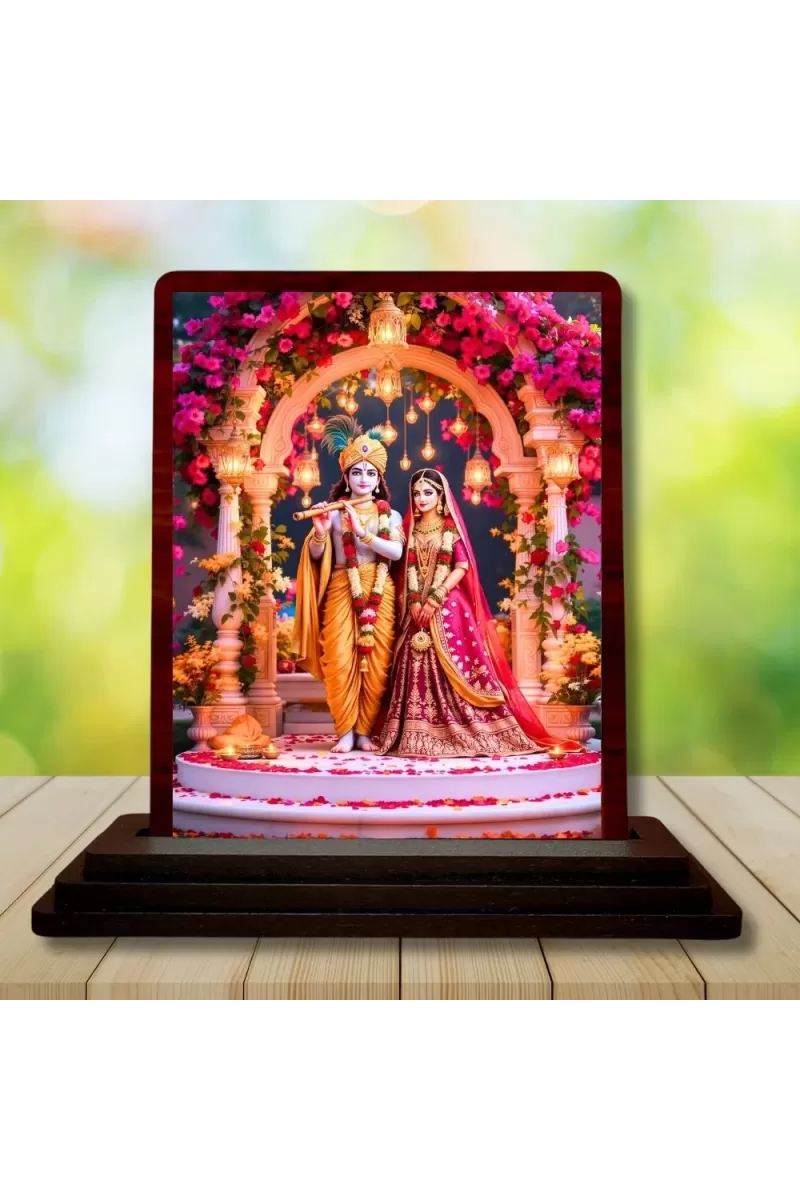 Car Desk/Table Top Radha Krishna Wooden Photo Stand  3x4 Inches, Compact & Stylish Spiritual Display For Car, Home & Office (Pack Of 1) (F14383)