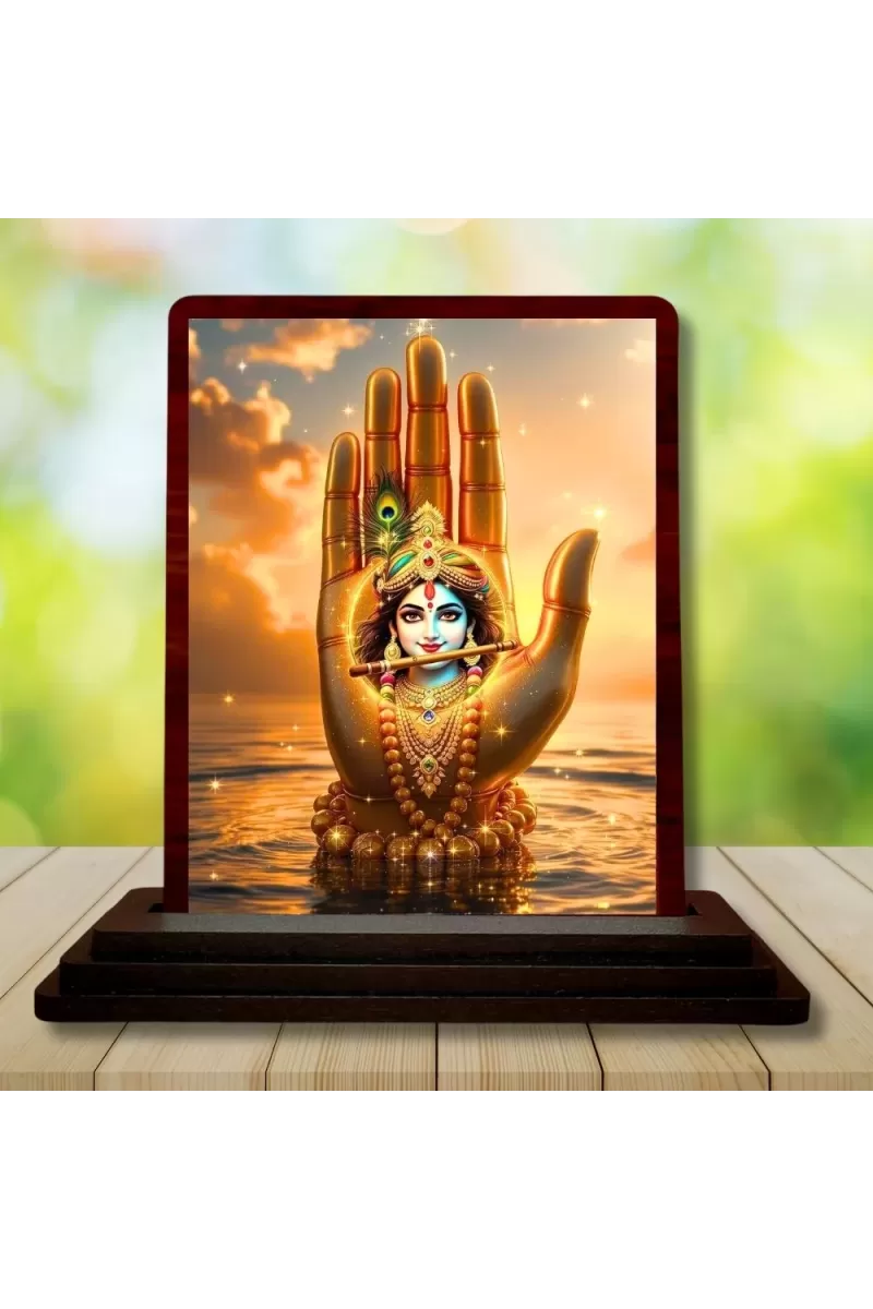 Car Desk/Table Top Lord Krishna Wooden Photo Stand  3x4 Inches, Compact & Stylish Spiritual Display For Car, Home & Office (Pack Of 1) (F14384)