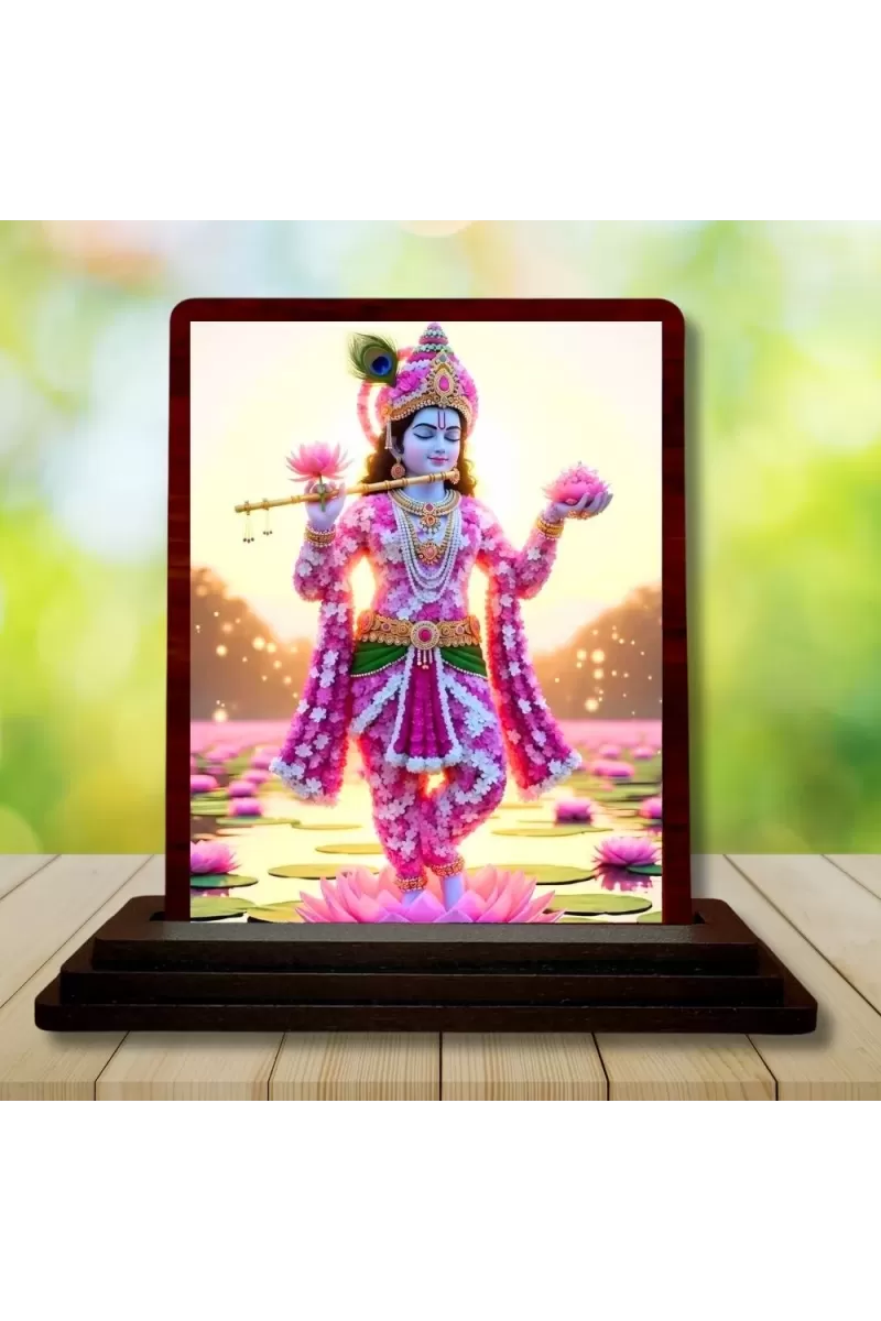 Car Desk/Table Top Lord Krishna Wooden Photo Stand  3x4 Inches, Compact & Stylish Spiritual Display For Car, Home & Office (Pack Of 1) (F14385)
