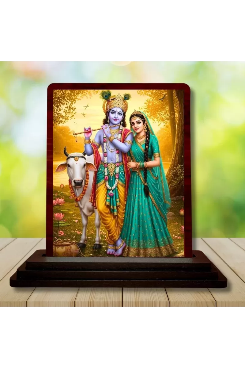 Car Desk/Table Top Lord Krishna And Radha Wooden Photo Stand  3x4 Inches, Compact & Stylish Spiritual Display For Car, Home & Office (Pack Of 1) (F14386)