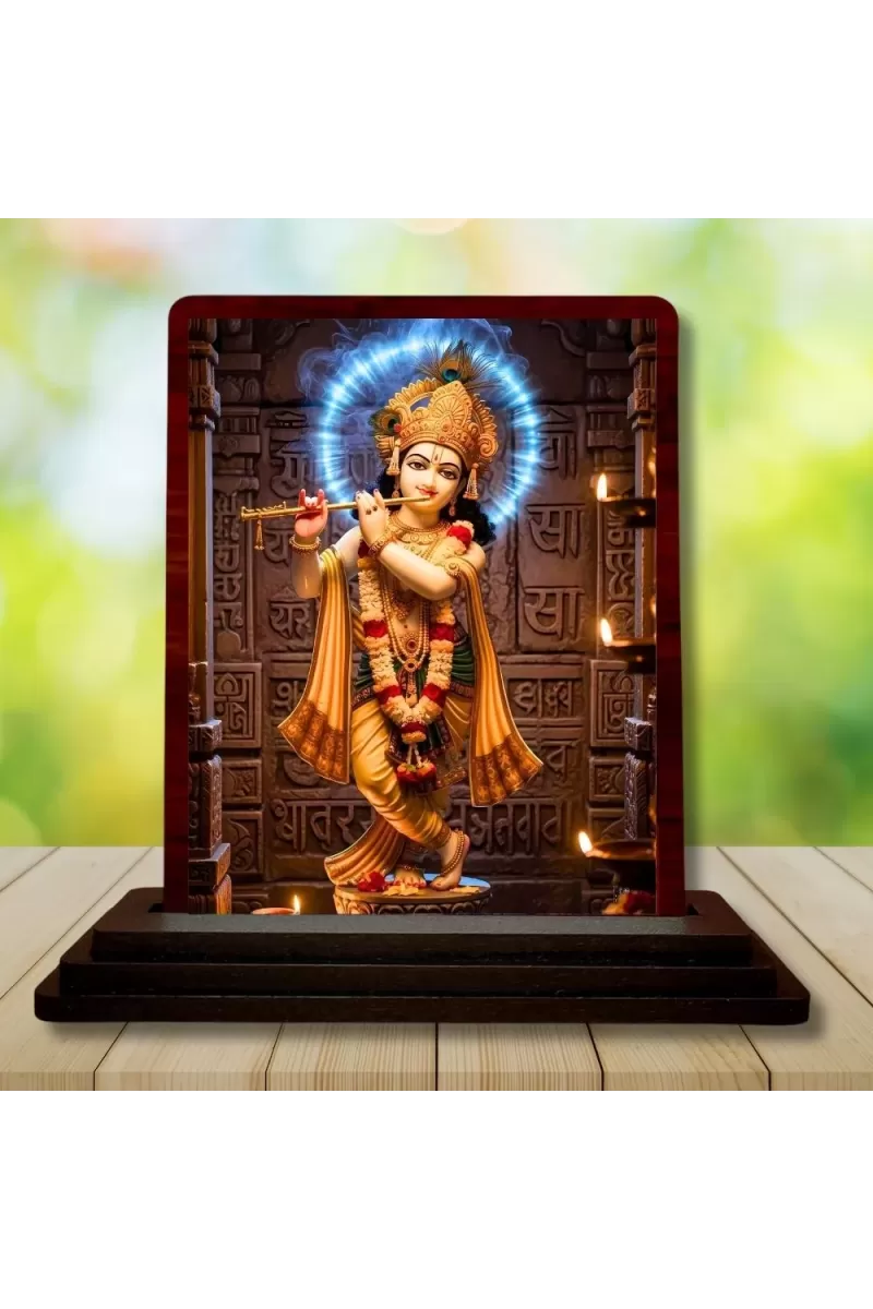 Car Desk/Table Top Lord Krishna Wooden Photo Stand  3x4 Inches, Compact & Stylish Spiritual Display For Car, Home & Office (Pack Of 1) (F14387)