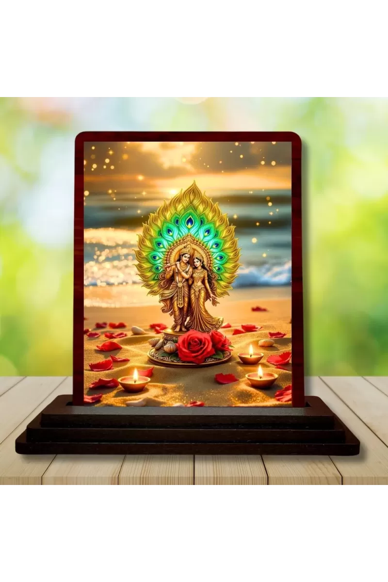 Car Desk/Table Top Lord Krishna Wooden Photo Stand  3x4 Inches, Compact & Stylish Spiritual Display For Car, Home & Office (Pack Of 1) (F14388)