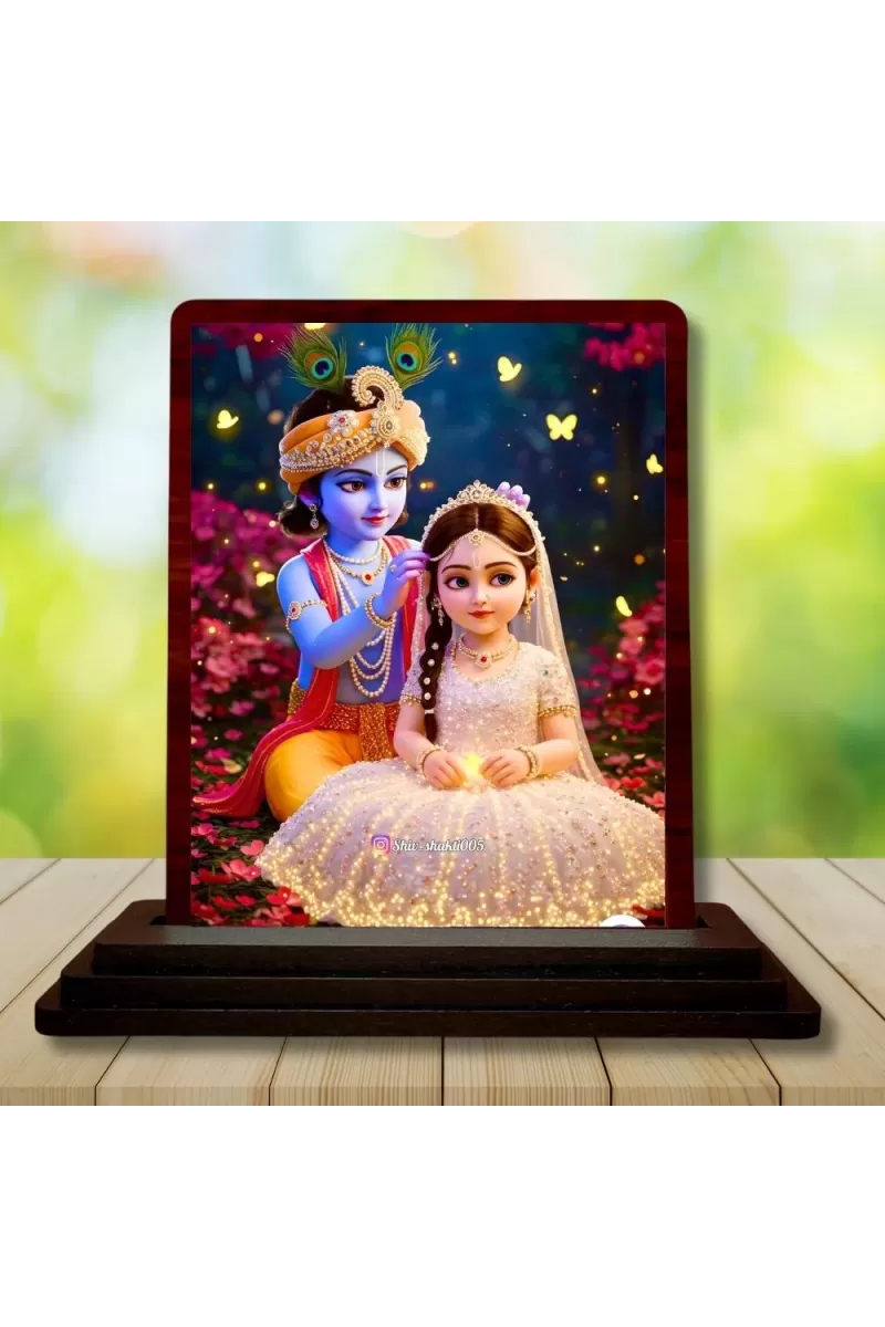 Car Desk/Table Top Radha Krishna Wooden Photo Stand  3x4 Inches, Compact & Stylish Spiritual Display For Car, Home & Office (Pack Of 1) (F14389)
