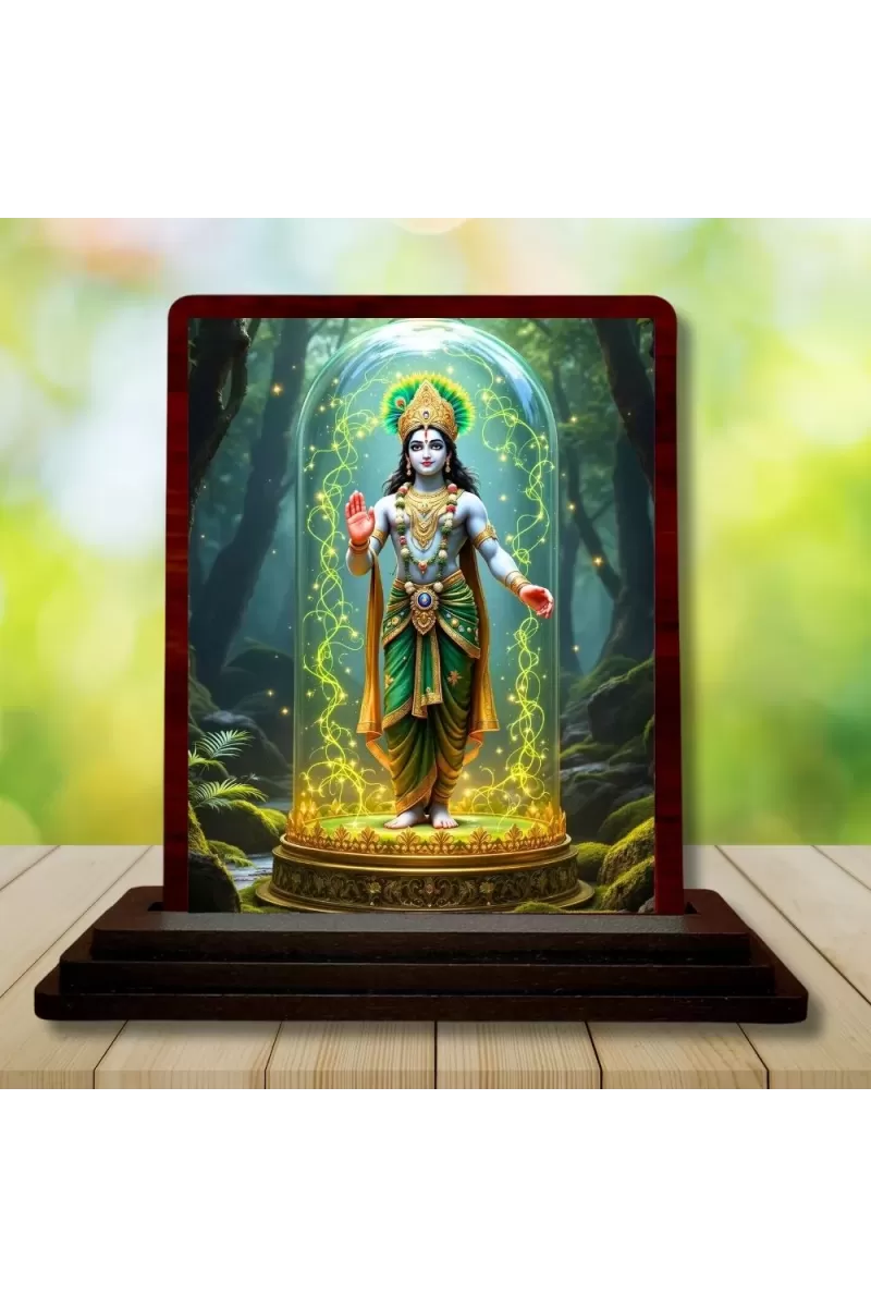 Car Desk/Table Top Lord Krishna Wooden Photo Stand  3x4 Inches, Compact & Stylish Spiritual Display For Car, Home & Office (Pack Of 1) (F14392)