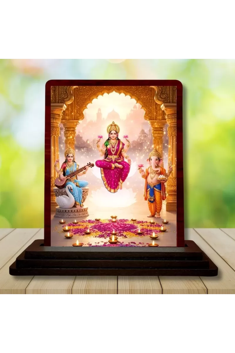 Car Desk/Table Top Lord Ganesha Lakshmi And Saraswathi Wooden Photo Stand  3x4 Inches, Compact & Stylish Spiritual Display For Car, Home & Office (Pack Of 1) (F14393)