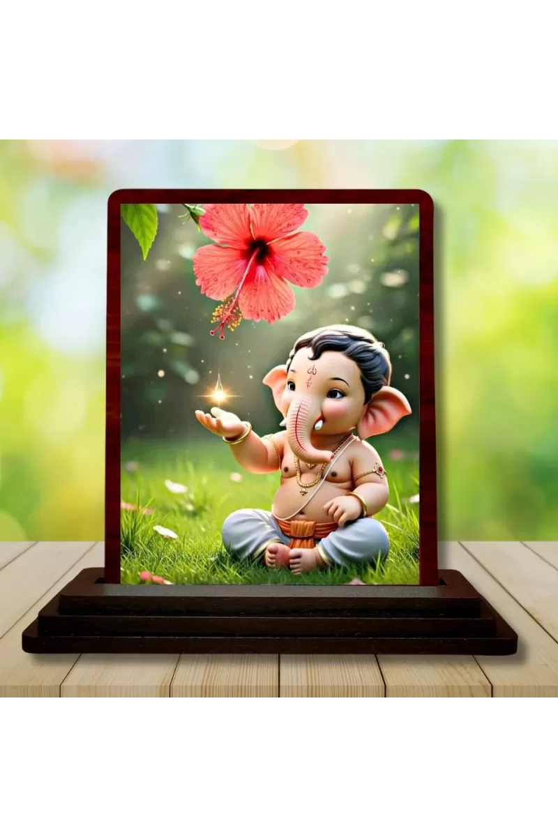 Car Desk/Table Top Lord Ganesha Wooden Photo Stand  3x4 Inches, Compact & Stylish Spiritual Display For Car, Home & Office (Pack Of 1) (F14394)