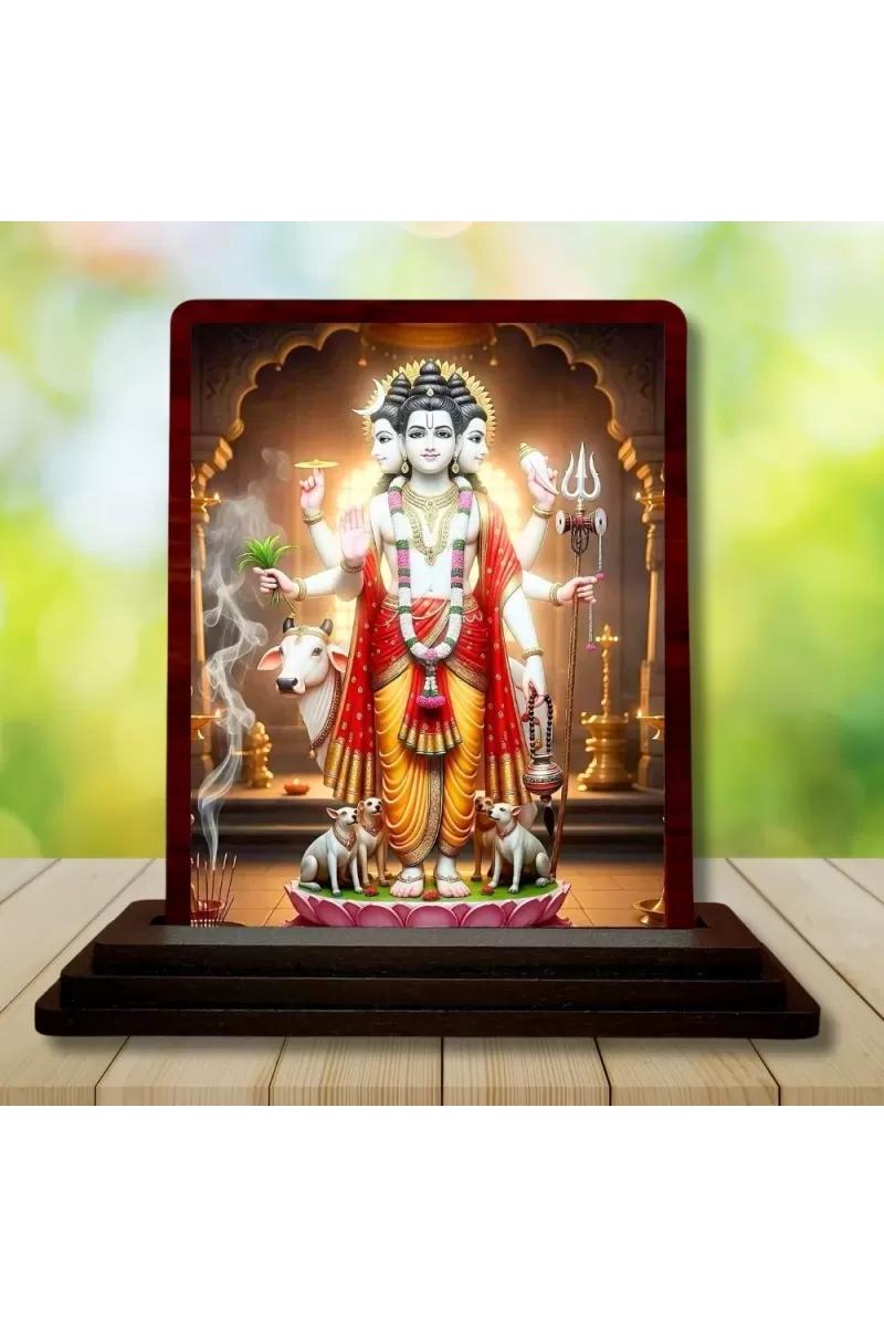 Car Desk/Table Top Lord Dattatreya Wooden Photo Stand  3x4 Inches, Compact & Stylish Spiritual Display For Car, Home & Office (Pack Of 1) (F14395)