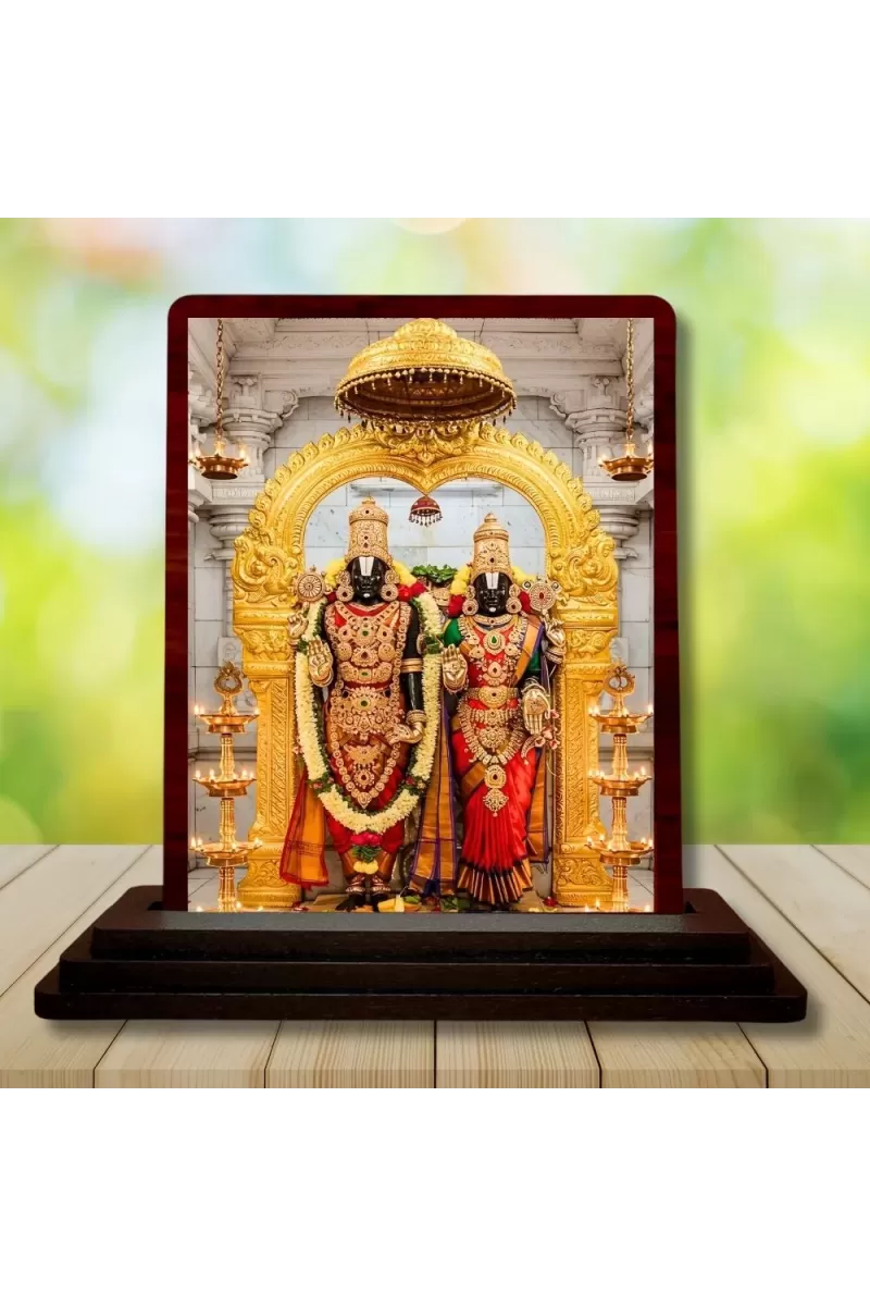 Car Desk/Table Top Lord Balaji And Lakshmi Wooden Photo Stand  3x4 Inches, Compact & Stylish Spiritual Display For Car, Home & Office (Pack Of 1) (F14396)